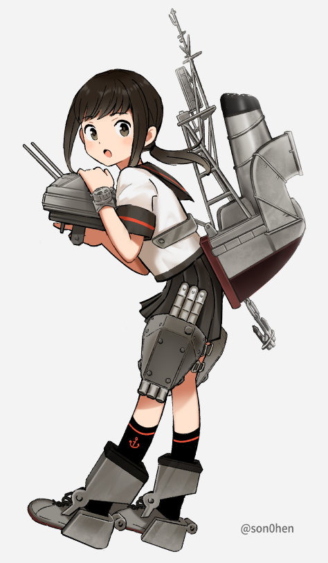 1girl adapted_turret black_eyes black_hair black_legwear black_sailor_collar black_skirt cannon fubuki_(kantai_collection) full_body kantai_collection kneehighs leaning_forward long_hair looking_at_viewer low_ponytail machinery pleated_skirt ponytail remodel_(kantai_collection) sailor_collar shimin short_ponytail sidelocks simple_background skirt smokestack solo turret twitter_username white_background