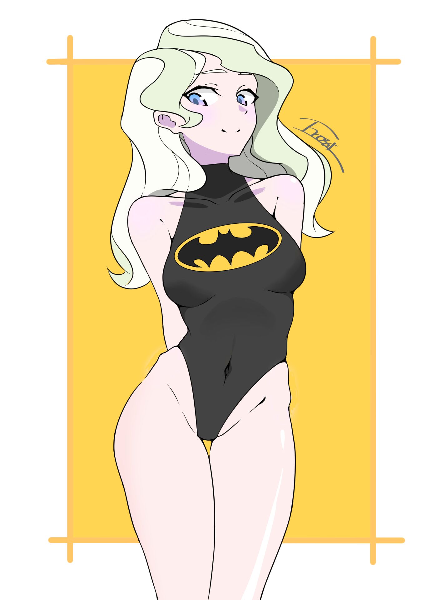 1girl arms_behind_back bare_shoulders batman_symbol black_leotard blonde_hair blue_eyes blush border breasts closed_mouth covered_navel diana_cavendish groin highres large_breasts leotard little_witch_academia long_hair looking_at_viewer project-disrubtion shiny shiny_skin simple_background smile solo standing white_border yellow_background