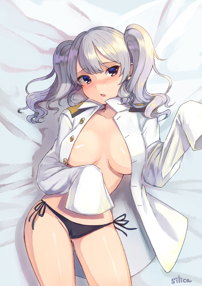 1girl admiral_(kantai_collection) bed bed_sheet blush borrowed_garments breasts buttons from_above grey_eyes jacket jacket_on_shoulders kantai_collection kashima_(kantai_collection) large_breasts long_sleeves looking_at_viewer lying military_jacket no_bra on_back open_mouth oversized_clothes panties sidelocks silica_(silica_silylate) silver_hair tsurime twintails underwear wavy_hair white_jacket