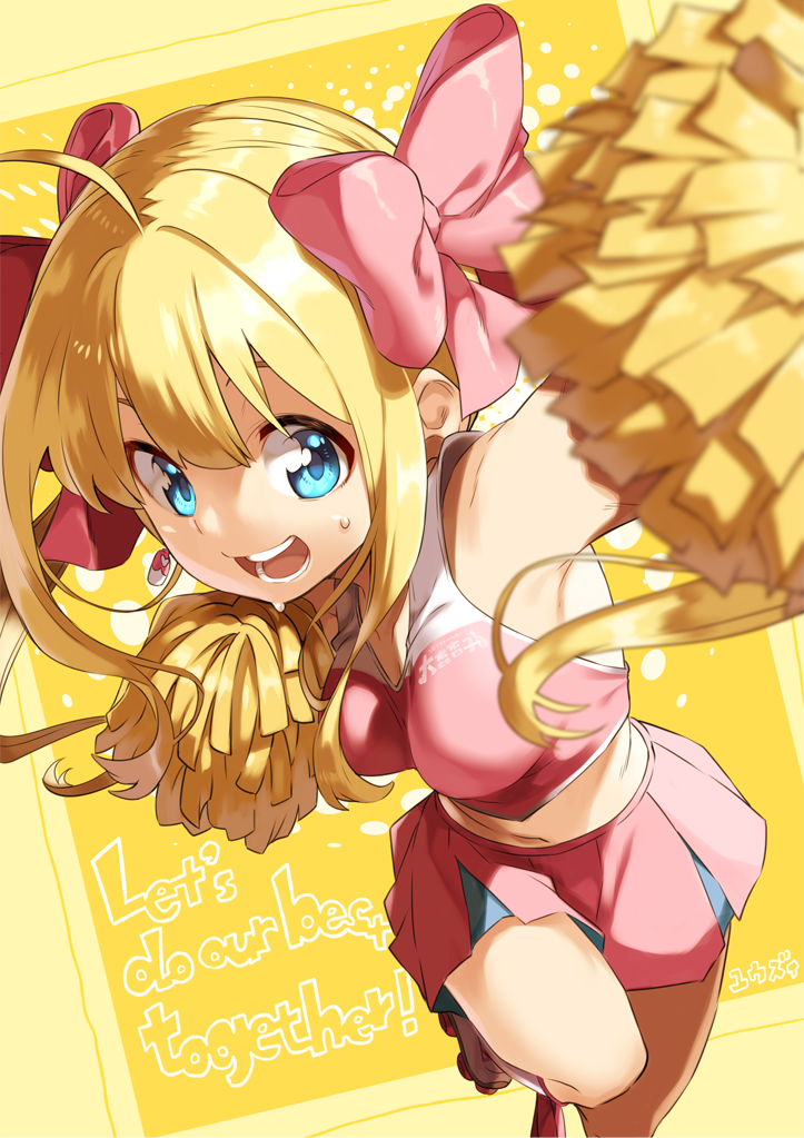 1girl :d ahoge armpits blonde_hair blue_eyes bow cheerleader chou_idol_densetsu_oomori_anko earrings english_text hair_bow jewelry long_hair looking_at_viewer midriff oomori_anko open_mouth pink_bow pink_skirt pink_tank_top pom_poms shiny shiny_hair signature skirt smile solo standing standing_on_one_leg sweat tank_top twintails yellow_background yuuzii