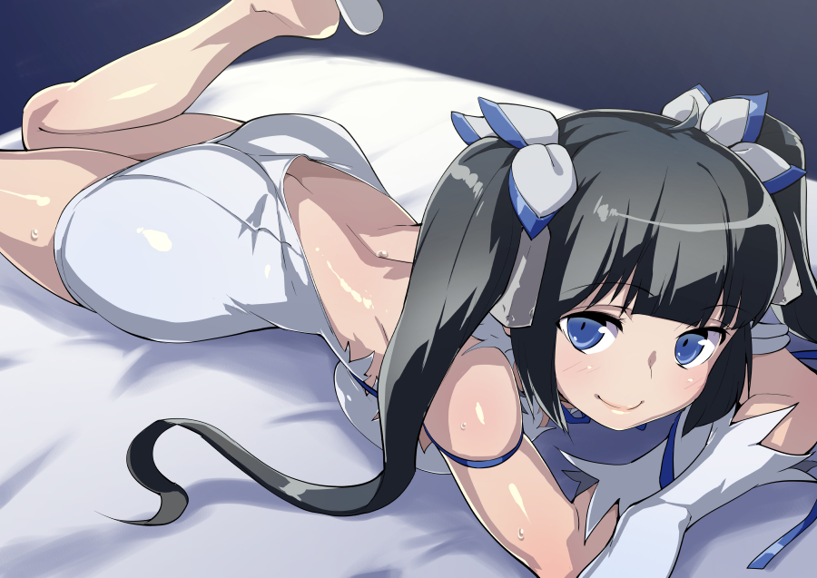 1girl ass bare_back black_hair blue_ribbon breasts butt_crack chirumakuro dress dungeon_ni_deai_wo_motomeru_no_wa_machigatteiru_darou_ka gloves hair_ribbon hestia_(danmachi) leg_up long_hair lying medium_breasts on_bed on_stomach rei_no_himo ribbon short_dress smile solo twintails very_long_hair white_dress white_gloves