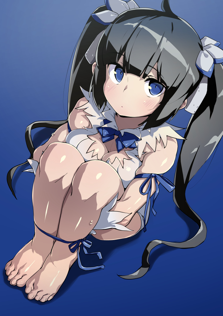 1girl bangs barefoot black_hair blue_background blue_ribbon blunt_bangs blush bound_ankles breast_press breasts chirumakuro cleavage dress dungeon_ni_deai_wo_motomeru_no_wa_machigatteiru_darou_ka gradient gradient_background hair_ribbon hestia_(danmachi) knees_to_chest long_hair medium_breasts rei_no_himo ribbon shiny shiny_skin short_dress simple_background sitting skindentation solo sweat twintails very_long_hair white_dress