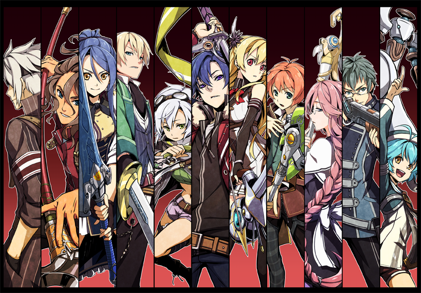 5girls 6+boys :d alisa_reinford aqua_hair blonde_hair blue_hair braid character_request closed_mouth commentary_request eiyuu_densetsu eliot_craig emma_millstein fie_claussell fighting_stance funa_(33781408) gaius_worzel glasses green_eyes grey_hair gun holding holding_gun holding_sword holding_weapon jusis_albarea laura_s._arzeid looking_at_viewer looking_back machias_regnitz millium_orion multiple_boys multiple_girls open_mouth orange_hair pink_hair rean_schwarzer red_eyes sen_no_kiseki serious smile sword weapon white_hair yellow_eyes