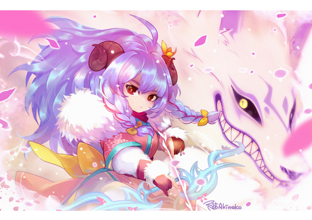 aa2233a ahoge alternate_costume alternate_eye_color alternate_hair_color alternate_hairstyle arrow_(projectile) artist_name black_sclera curled_horns grin horns kindred lamb_(league_of_legends) league_of_legends purple_hair smile spirit_blossom_kindred standing teeth wolf_(league_of_legends) yellow_eyes