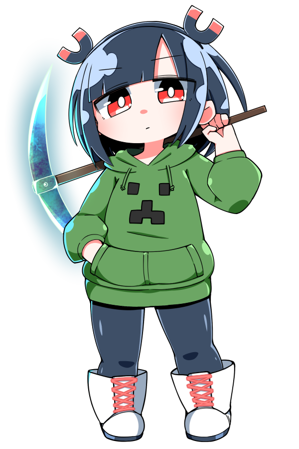 1_oda_butsu_1 1girl bangs black_hair black_hairband black_legwear boots commentary_request creeparka creeper cross-laced_footwear diamond_pickaxe drawstring eyebrows_visible_through_hair full_body green_hoodie hairband hand_in_pocket holding hood hood_down hoodie jitomi_monoe lace-up_boots long_sleeves magnet minecraft pantyhose pickaxe red_eyes simple_background solo standing virtual_youtuber voms white_background white_footwear