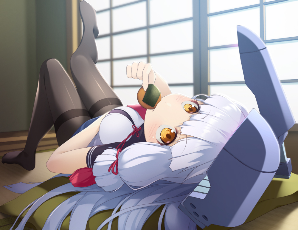 1girl black_legwear commentary_request cookie dress eating eyebrows_visible_through_hair fingerless_gloves food gloves hair_ribbon headgear kantai_collection long_hair looking_at_viewer lying mofu_namako murakumo_(kantai_collection) necktie orange_eyes pantyhose red_neckwear ribbon senbei sidelocks silver_hair solo tatami thighband_pantyhose tress_ribbon white_dress white_gloves window