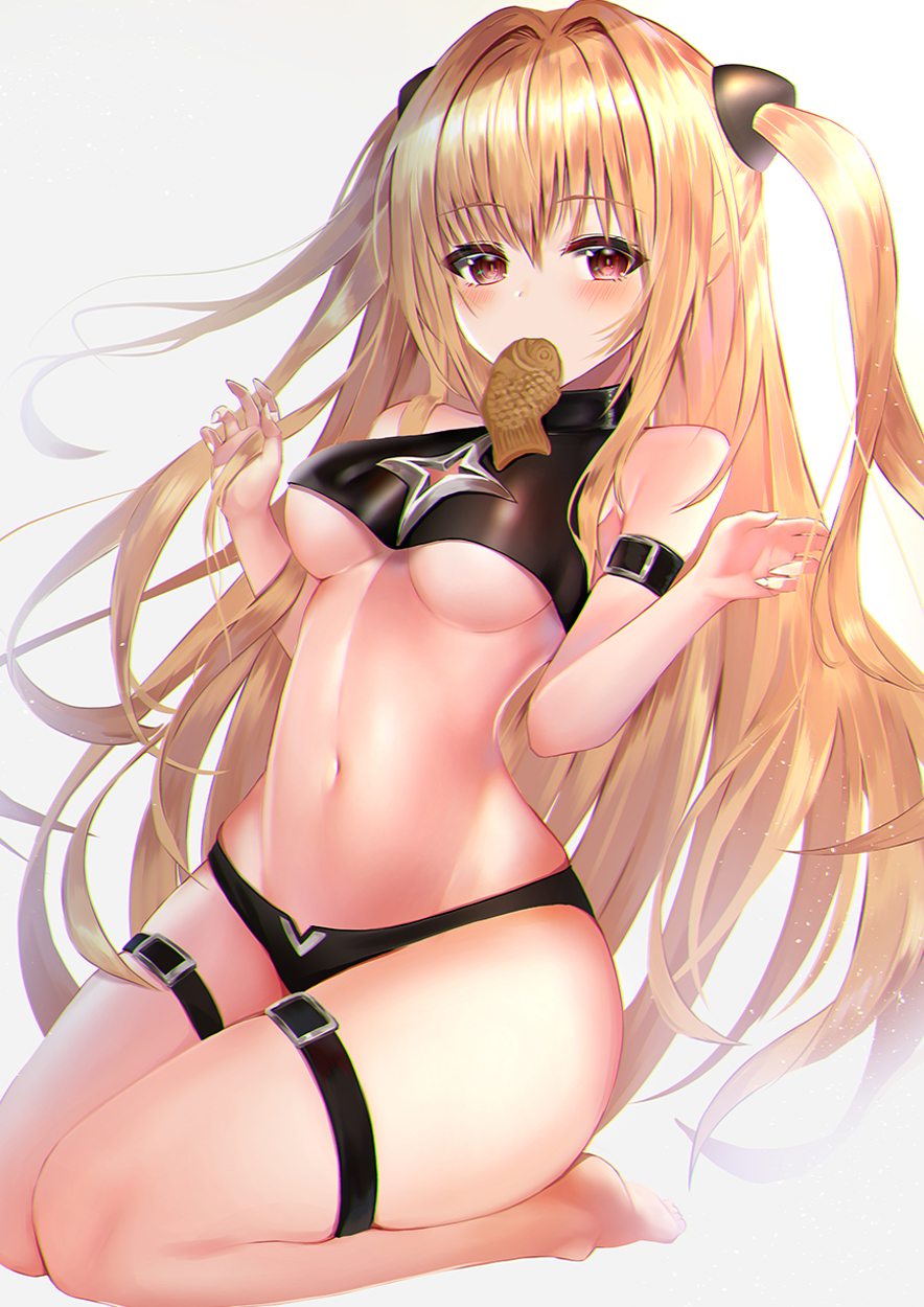 1girl bare_arms bare_legs bare_shoulders barefoot blonde_hair breasts buckle commentary_request cookie crop_top crop_top_overhang food full_body hands_up highres konjiki_no_yami long_hair medium_breasts navel open_mouth red_eyes seiza simple_background sitting solo stomach thigh_strap to_love-ru two_side_up underboob very_long_hair w_arms white_background yk_(pixiv43531291)