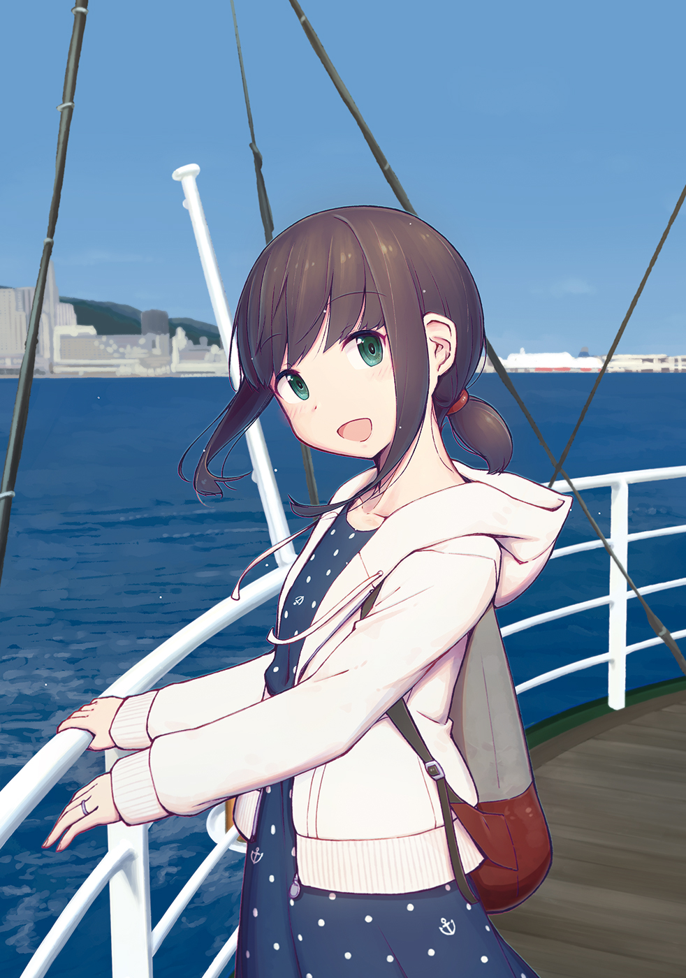 1girl alternate_costume backpack bag black_hair blue_dress blue_sky casual cowboy_shot day drawstring dress fubuki_(kantai_collection) gradient_sky green_eyes highres hood hooded_jacket hoodie jacket jewelry kantai_collection kobe long_hair looking_at_viewer low_ponytail nakaaki_masashi ocean outdoors polka_dot polka_dot_dress ponytail railing ring short_ponytail sidelocks sky smile solo water white_jacket