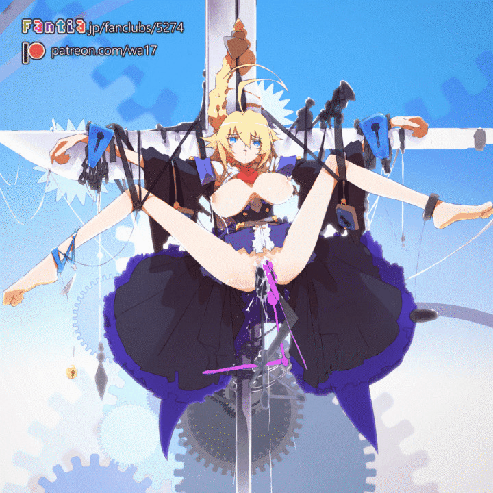 1girl animated animated_gif areolae artist_name bell belt blazblue blonde_hair blood bloody_nose blue_background blue_eyes bouncing_breasts breast_milk breasts chain chained crucifixion dress es_(xblaze) eyebrows_visible_through_hair frilled_dress frilled_skirt frills gears hair_between_eyes lactation large_breasts lock looping_animation nail nipples object_insertion open_clothes open_mouth ponytail restrained sex_machine skirt solo stationary_restraints tied_hair ugoira vaginal vaginal_object_insertion wa_(wa) xblaze