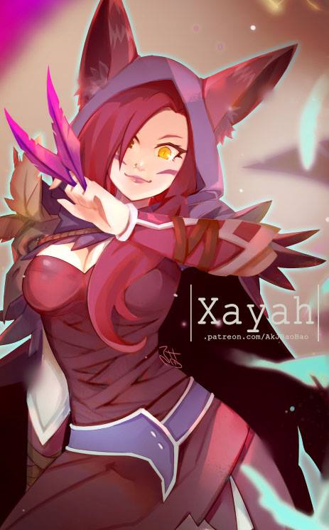 1girl aa2233a animal_ears facial_mark feathers hair_over_one_eye hood league_of_legends long_hair looking_at_viewer nose_piercing piercing red_hair solo vastaya whisker_markings xayah yellow_eyes