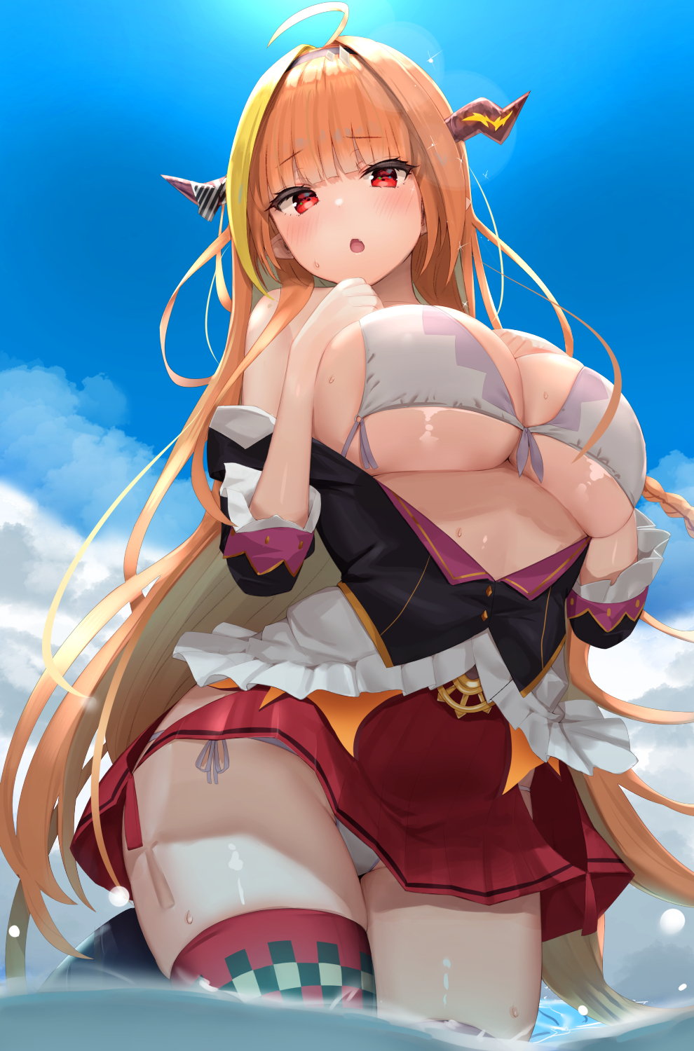 1girl :o ahoge bare_shoulders bikini black_shirt blue_sky breasts cleavage cloud day dragon_horns fang frills front-tie_bikini front-tie_top groin hairband hands_on_own_chest highres hololive horns huge_breasts kiryuu_coco long_hair looking_at_viewer miniskirt off_shoulder open_mouth orange_hair outdoors red_eyes red_legwear red_skirt reinama shirt side-tie_peek skirt sky solo sunlight swimsuit thighhighs thighs very_long_hair virtual_youtuber wading water wet white_bikini
