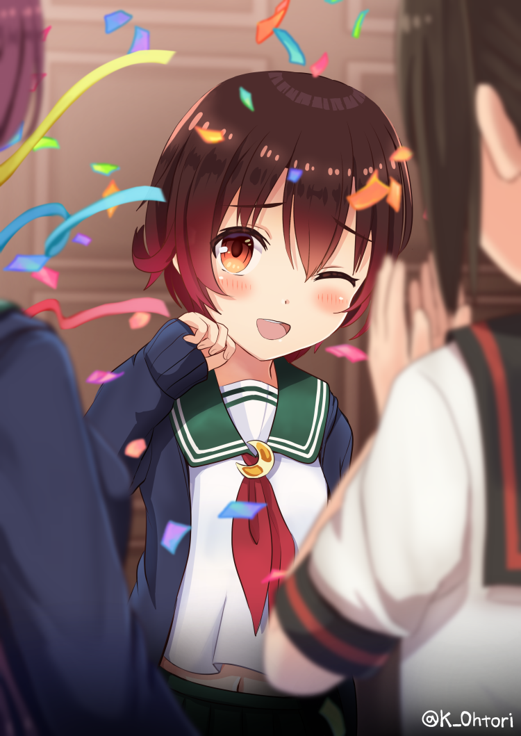3girls blue_jacket blurry brown_hair commentary_request confetti cowboy_shot crescent crescent_moon_pin depth_of_field fubuki_(kantai_collection) gradient_hair green_sailor_collar green_skirt jacket kantai_collection kisaragi_(kantai_collection) multicolored_hair multiple_girls mutsuki_(kantai_collection) navel neckerchief one_eye_closed ootori_(kyoya-ohtori) red_hair red_neckwear remodel_(kantai_collection) sailor_collar school_uniform serafuku short_hair skirt solo_focus twitter_username