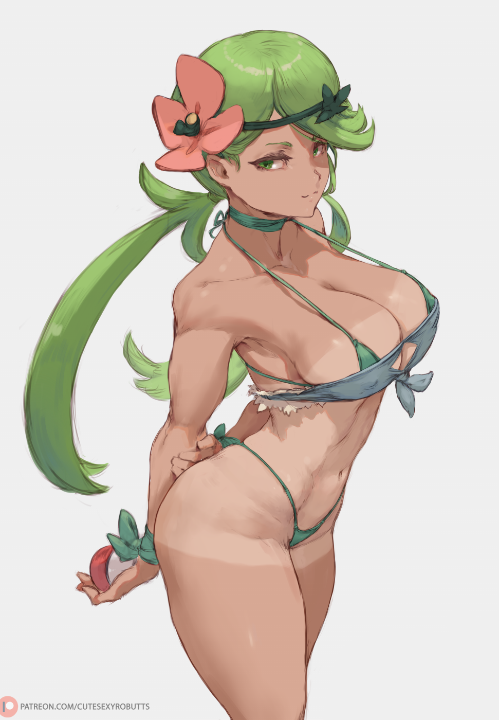 1girl arms_behind_back bangs bikini breasts cleavage closed_mouth collarbone commentary cutesexyrobutts eyelashes flower green_bikini green_eyes green_hair hair_flower hair_ornament highres holding holding_poke_ball long_hair mao_(pokemon) pink_flower poke_ball poke_ball_(basic) pokemon pokemon_(game) pokemon_sm smile solo swept_bangs swimsuit tan tanline trial_captain twintails watermark web_address