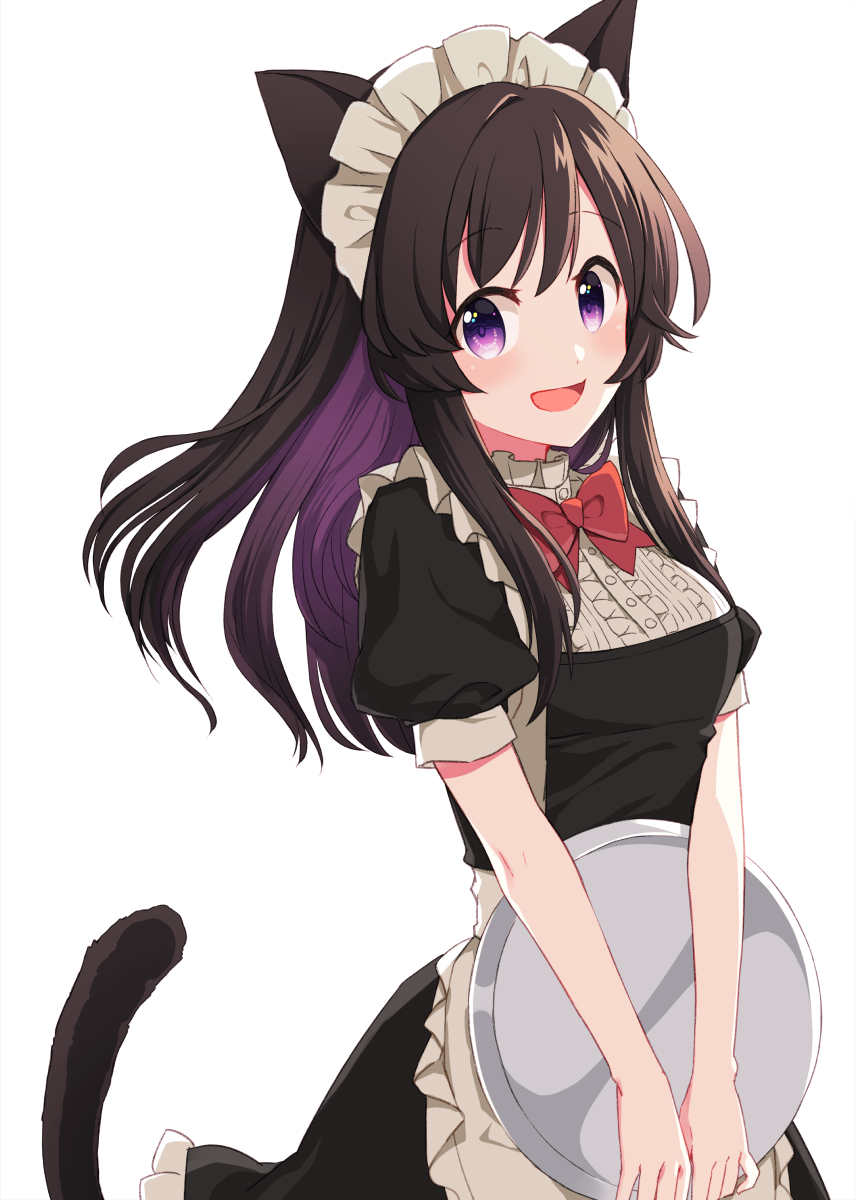 1girl animal_ears apron bangs black_hair bow bowtie cat_ears cat_tail coconat_summer commentary_request cowboy_shot dress eyebrows_visible_through_hair frilled_apron frilled_dress frills highres holding holding_tray looking_at_viewer maid maid_apron maid_headdress original puffy_short_sleeves puffy_sleeves purple_eyes purple_hair red_bow red_neckwear short_sleeves simple_background smile solo tail tray waist_apron white_background