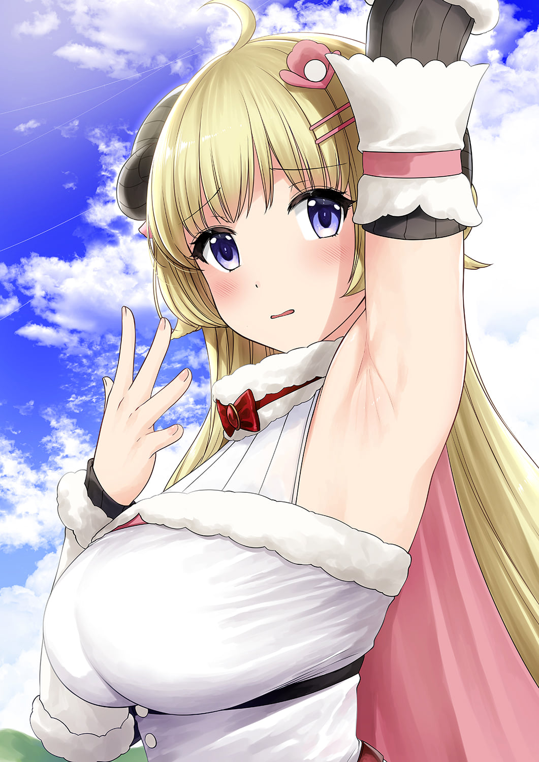 1girl ahoge arm_up armpits bangs belt blonde_hair blue_eyes blush breasts buttons cape curled_horns detached_sleeves dress embarrassed eyebrows_visible_through_hair eyelashes fingernails fur-trimmed_dress fur_trim hair_ornament hands_up highres hololive horns large_breasts long_hair ribbon sheep_girl sheep_horns sky solo tsunomaki_watame virtual_youtuber wavy_mouth white_dress xtermination