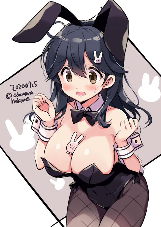 1girl ahoge alternate_costume animal animal_ears black_hair black_legwear black_leotard blush bow bowtie breasts brown_eyes bunny bunny_ears bunny_tail bunnysuit cowboy_shot detached_collar eyebrows_visible_through_hair fake_animal_ears fake_tail hair_between_eyes kantai_collection large_breasts leotard long_hair odawara_hakone open_mouth pantyhose pet solo tail ushio_(kantai_collection) wrist_cuffs