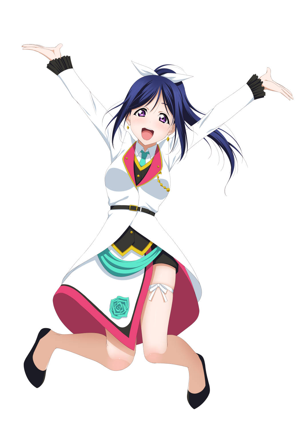 1girl :d aqua_neckwear arms_up bangs black_footwear black_shorts blue_hair bow collared_shirt earrings floating_hair full_body hair_bow high_ponytail highres jewelry jumping leg_ribbon long_hair looking_at_viewer love_live! love_live!_sunshine!! matsuura_kanan mirai_ticket necktie official_style open_mouth outstretched_arms purple_eyes ribbon shirt short_shorts shorts shorts_under_skirt simple_background smile solo white_background white_bow white_ribbon white_shirt wing_collar yu-ta