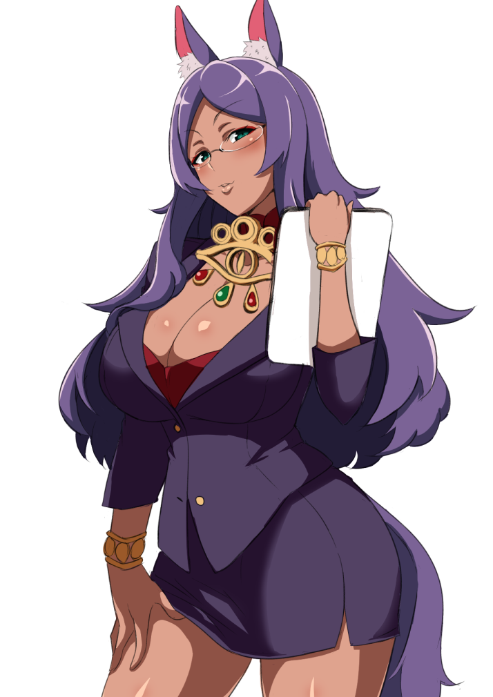 1girl alternate_costume animal_ears aqua_eyes bespectacled blush bracelet breasts cleavage cowboy_shot dark_skin fate/grand_order fate_(series) formal glasses jackal_ears jewelry large_breasts long_hair looking_at_viewer miniskirt office_lady parted_lips purple_hair queen_of_sheba_(fate/grand_order) rimless_eyewear skirt skirt_suit smile solo suit tail tawashi1623