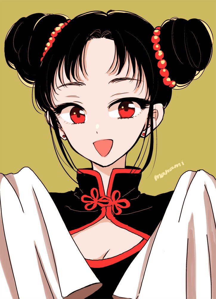 1girl :d bangs black_hair breasts brown_background chinese_clothes cleavage cleavage_cutout commentary_request double_bun earrings jewelry looking_at_viewer open_mouth original red_earrings red_eyes short_hair signature simple_background smile solo sugano_manami upper_body