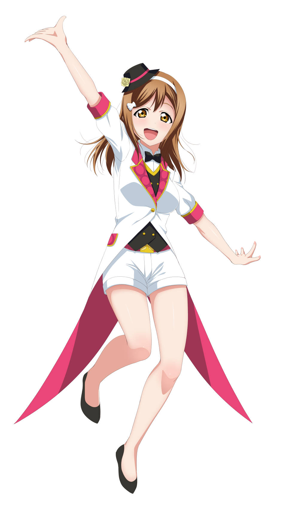 1girl :d arm_up black_footwear black_headwear brown_eyes brown_hair floating_hair full_body hair_ornament hairband hat highres kunikida_hanamaru long_hair looking_at_viewer love_live! love_live!_sunshine!! mini_hat mirai_ticket official_style open_mouth outstretched_arms outstretched_hand pumps short_shorts short_sleeves shorts simple_background smile solo white_background white_hairband white_shorts yu-ta