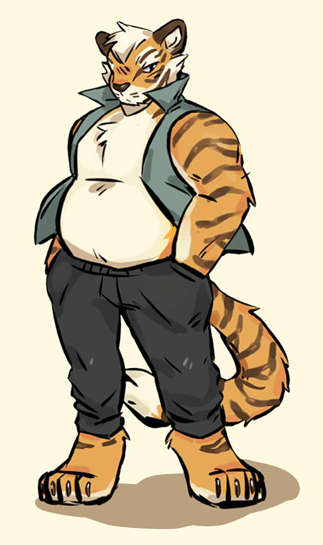 anthro belly chest_tuft clothed clothing collared_shirt fawnsdraws felid hands_in_pockets male mammal open_shirt pantherine pockets shirt solo standing tiger topwear tuft