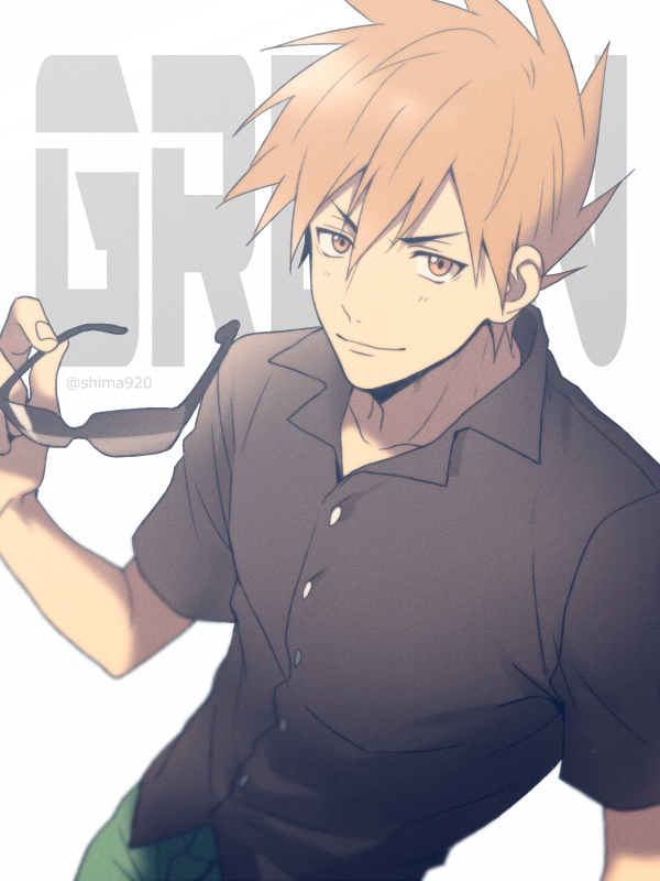 1boy black_shirt brown_eyes brown_hair buttons character_name collared_shirt commentary_request dress_shirt green_pants grey_background holding holding_eyewear looking_at_viewer male_focus mashima_shima ookido_green pants pokemon pokemon_(game) pokemon_sm shirt smile solo sunglasses twitter_username upper_body