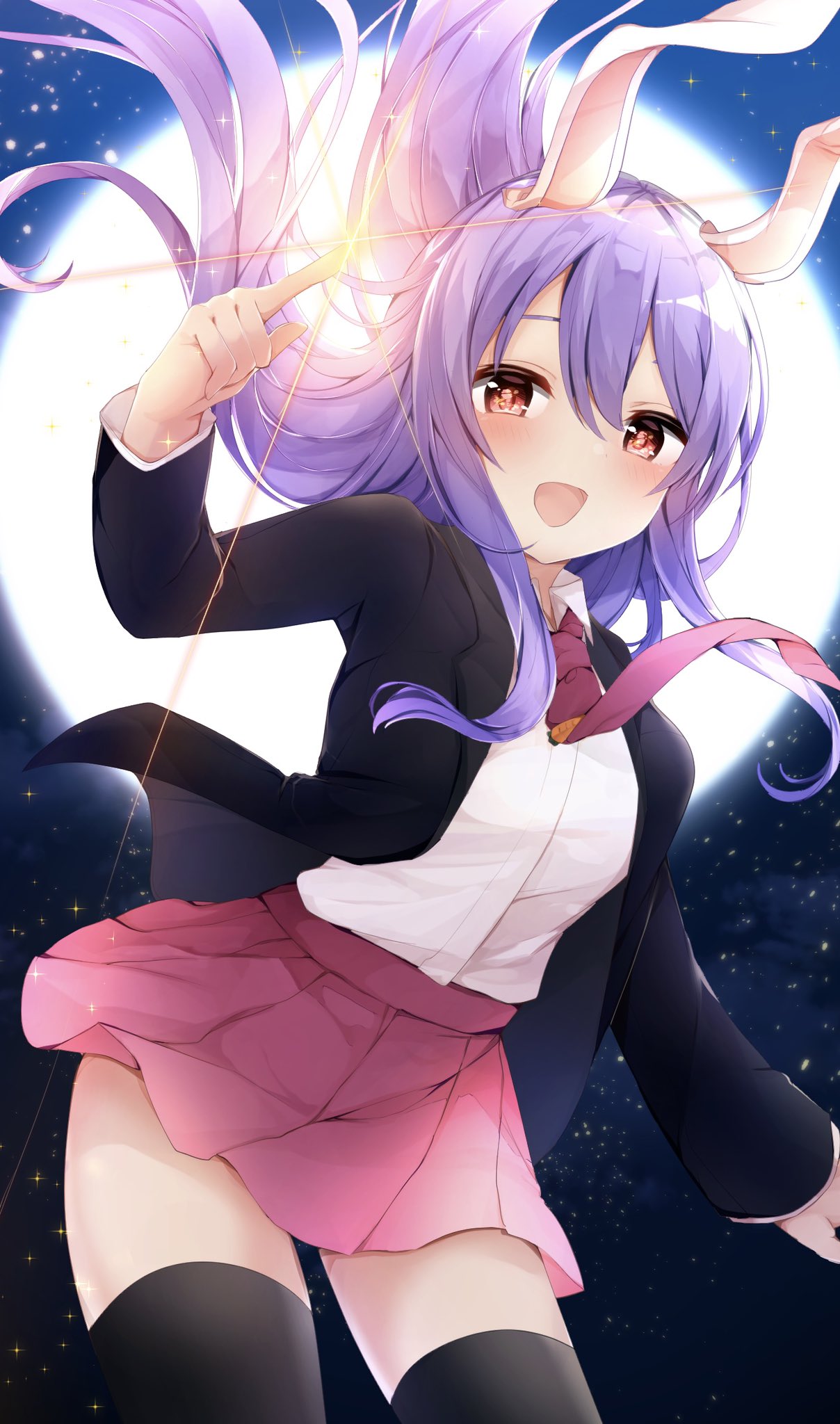 1girl :d animal_ears arm_at_side bangs black_background black_jacket black_legwear blazer blush breasts bunny_ears carrot carrot_necklace commentary_request cowboy_shot crescent crescent_moon_pin floating_hair full_body full_moon hair_between_eyes hand_up highres jacket karasusou_nano lavender_hair long_hair long_sleeves looking_at_viewer medium_breasts miniskirt moon necktie night open_mouth outdoors pink_skirt pleated_skirt pointing purple_hair red_eyes red_neckwear reisen_udongein_inaba shirt sidelocks skirt smile solo sparkle thighhighs thighs touhou very_long_hair white_shirt wind wing_collar zettai_ryouiki