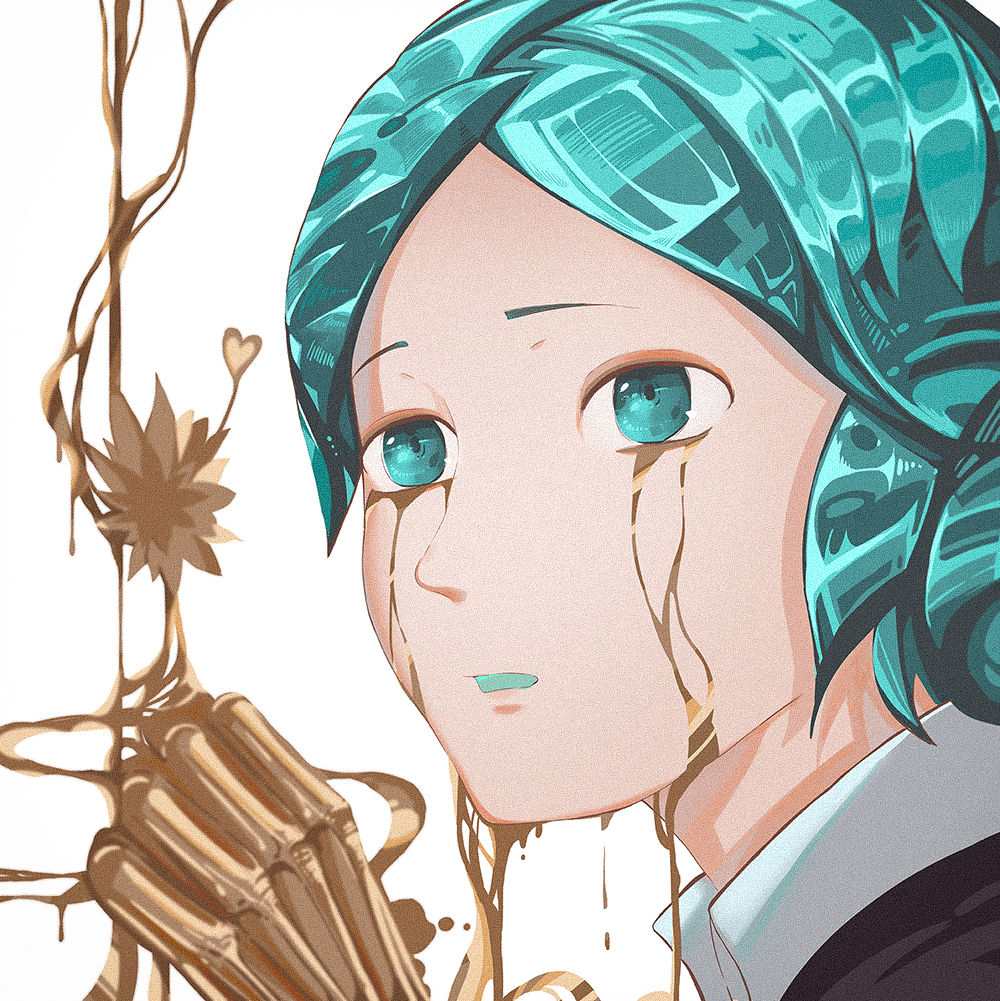 1other androgynous aqua_eyes blue_eyes crying crying_with_eyes_open crystal_hair flower gem_uniform_(houseki_no_kuni) gold golden_arms houseki_no_kuni ko_ryou lotus molten molten_metal open_mouth phosphophyllite solo streaming_tears tears