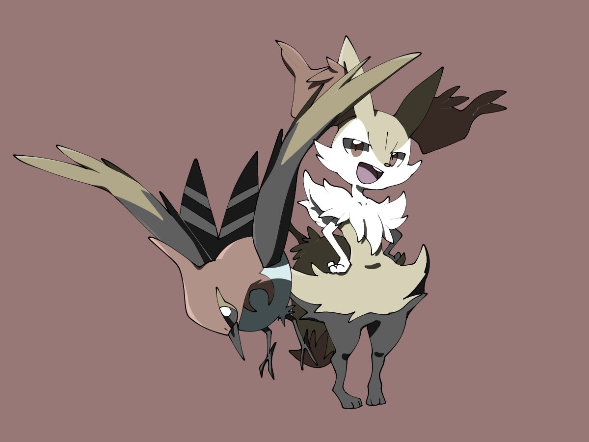 animal_ear_fluff animal_ears bird black_sclera braixen commentary_request fletchinder flying fox_ears fox_tail full_body furry gen_6_pokemon hands_on_hips happy jpeg_artifacts monochrome near12 open_mouth paws pigeon-toed pokemon pokemon_(creature) red_background red_eyes simple_background smile standing stick tail white_eyes