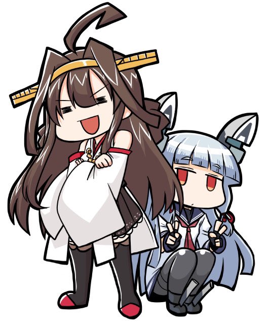 2girls =_= ahoge bangs black_legwear blunt_bangs boots brown_hair brown_skirt crossed_arms detached_sleeves double_bun dress eyebrows_visible_through_hair full_body hair_ribbon hairband hakama_skirt headgear japanese_clothes kantai_collection kongou_(kantai_collection) koopo long_hair multiple_girls murakumo_(kantai_collection) necktie orange_eyes pantyhose red_neckwear ribbon ribbon-trimmed_sleeves ribbon_trim sailor_dress sidelocks silver_hair simple_background skirt smile standing thigh_boots thighband_pantyhose thighhighs tress_ribbon white_background