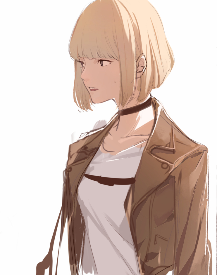 1girl bangs blonde_hair blunt_bangs breasts brown_jacket choker commentary_request from_side jacket matsunaga777 open_clothes open_eyes open_jacket open_mouth paradis_military_uniform shingeki_no_kyojin shirt short_hair simple_background solo sweatdrop uchi_emiri upper_body watashi_ga_motenai_no_wa_dou_kangaetemo_omaera_ga_warui! white_background white_shirt