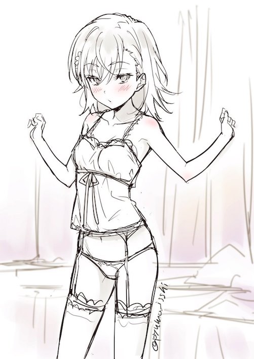 1girl bag blush breasts cleavage collarbone eyebrows_visible_through_hair garter_straps greyscale hair_between_eyes indoors lingerie midriff misaka_mikoto monochrome navel panties puma_(hyuma1219) rei_no_himo short_hair sketch sleeveless small_breasts solo standing stomach thighhighs to_aru_majutsu_no_index underwear underwear_only