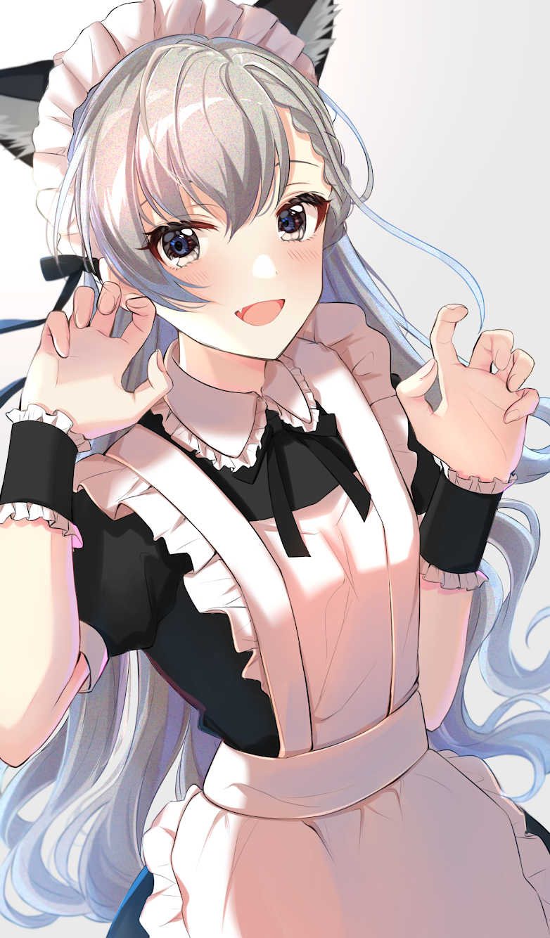 1girl :d alternate_costume animal_ear_fluff animal_ears apron bangs black_bow black_dress blush bow breasts claw_pose collared_dress commentary_request dress enmaided eyebrows_behind_hair fang frilled_apron frilled_shirt_collar frills grey_background grey_eyes grey_hair hair_between_eyes hands_up highres hisakawa_hayate idolmaster idolmaster_cinderella_girls kemonomimi_mode long_hair looking_at_viewer maid maid_apron maid_headdress open_mouth puffy_short_sleeves puffy_sleeves satoimo_chika short_sleeves sidelocks simple_background small_breasts smile solo very_long_hair white_apron wrist_cuffs
