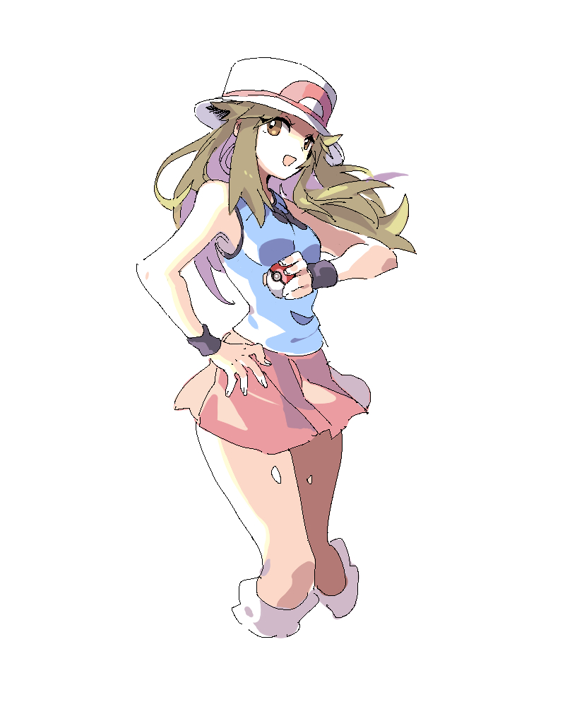 1girl :d ankea_(a-ramo-do) blue_(pokemon) blue_shirt breasts brown_eyes brown_hair cropped_legs floating_hair hand_on_hip hat holding holding_poke_ball kneehighs long_hair medium_breasts miniskirt open_mouth pink_skirt pleated_skirt poke_ball pokemon pokemon_(game) pokemon_frlg shirt simple_background sketch skirt sleeveless sleeveless_shirt smile solo standing very_long_hair white_background white_headwear white_legwear wristband