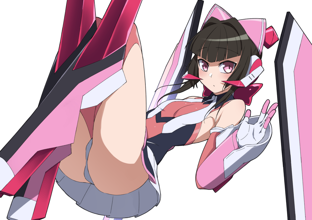 1girl armored_boots bangs black_hair bodysuit boots breasts closed_mouth gloves hair_intakes looking_at_viewer miniskirt panties pink_eyes pink_panties pleated_skirt senki_zesshou_symphogear shiny shiny_hair short_hair_with_long_locks sidelocks simple_background skirt small_breasts solo tsukamoto_kensuke tsukuyomi_shirabe underwear white_background white_skirt