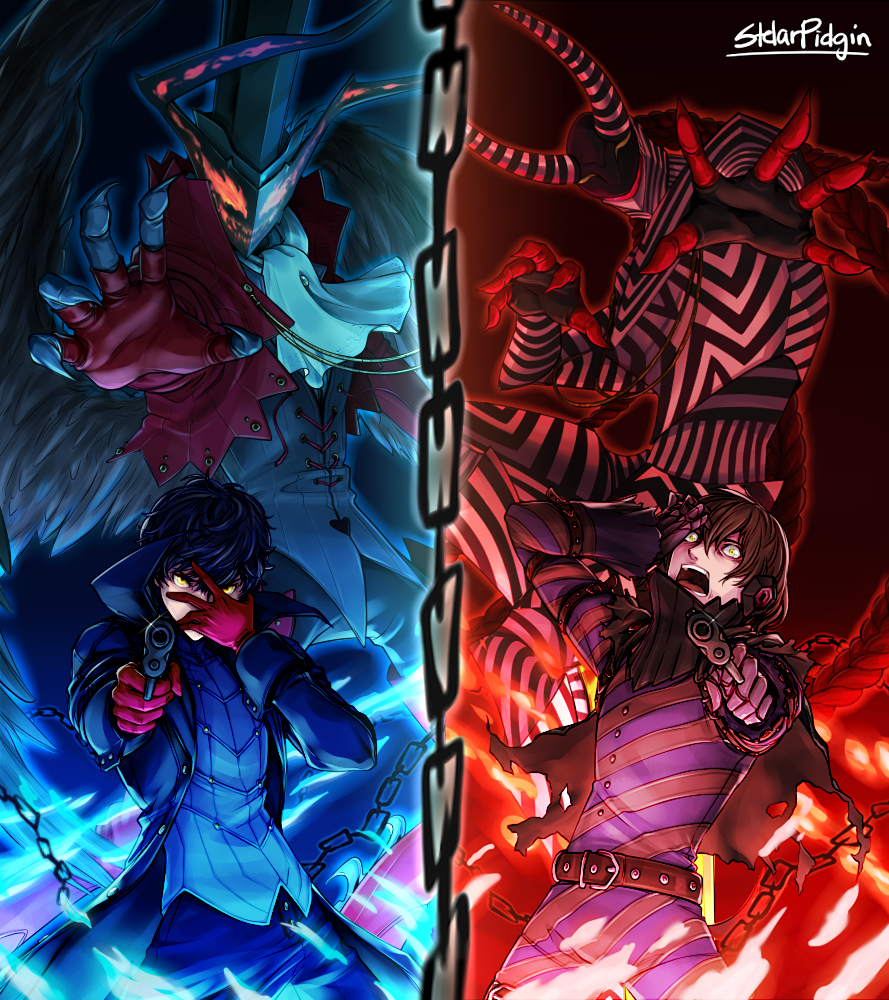 2boys aiming_at_viewer akechi_gorou amamiya_ren angry arsene_(persona_5) black_hair blue_fire brown_hair chain cravat dark_background fire gloves glowing glowing_eyes gun hand_on_own_face hand_on_own_head handgun hat horns jacket loki_(persona_5) multiple_boys open_mouth persona persona_5 red_gloves short_hair spoilers stelarpidgin top_hat weapon yellow_eyes