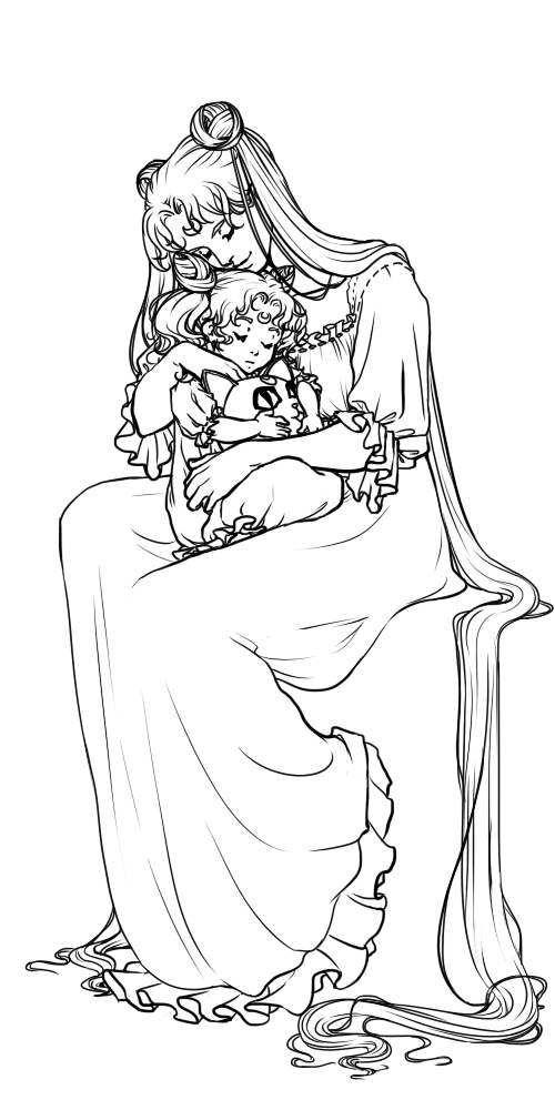2girls bishoujo_senshi_sailor_moon chibi_usa closed_eyes closed_mouth commentary crescent double_bun dress english_commentary greyscale hug invisible_chair lineart long_hair luna-p melolontha2 monochrome mother_and_daughter motherly multiple_girls neo_queen_serenity on_lap puffy_short_sleeves puffy_sleeves short_sleeves sitting sleeping small_lady_serenity smile transparent_background tsukino_usagi twintails very_long_hair