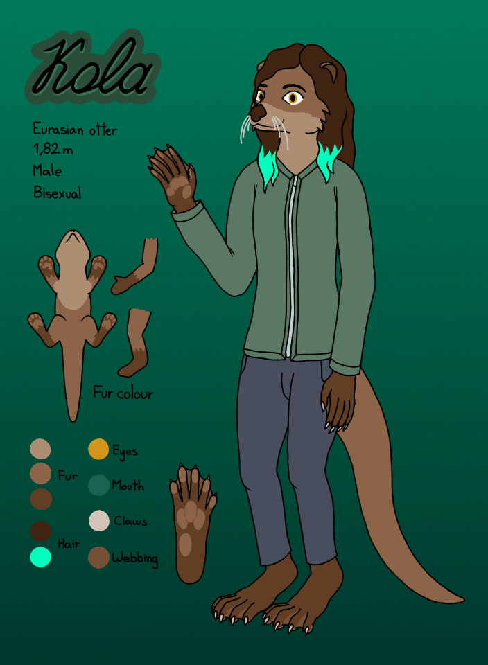 2020 anthro clothing digital_drawing_(artwork) digital_media_(artwork) hair highlights_(coloring) kola kola_(otter) long_hair lutrine male mammal membrane_(anatomy) model_sheet mustelid webbed_feet webbed_hands