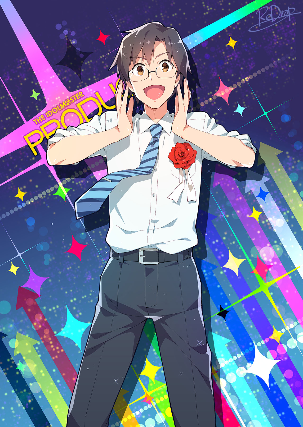 1boy black_hair black_pants blue_neckwear brown_eyes character_name cowboy_shot flower glasses highres idolmaster male_focus necktie open_mouth pants producer_(idolmaster) producer_(idolmaster_anime) red_flower redrop shirt signature slacks sleeves_rolled_up smile solo striped striped_neckwear white_shirt