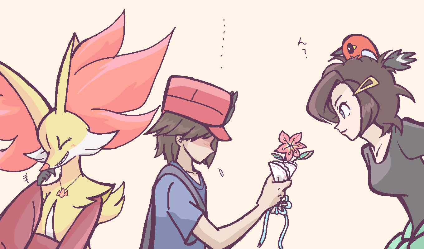 ... 1boy 1girl blue_shirt breasts brown_hair calme_(pokemon) clothes_around_waist collarbone commentary_request delphox faceless faceless_male fletchling flower gardear058 gen_6_pokemon hair_ornament hairclip hat holding holding_flower mature mother's_day mother_and_son on_head pink_headwear pokemon pokemon_(creature) pokemon_(game) pokemon_on_head pokemon_xy saki_(pokemon) shirt smile