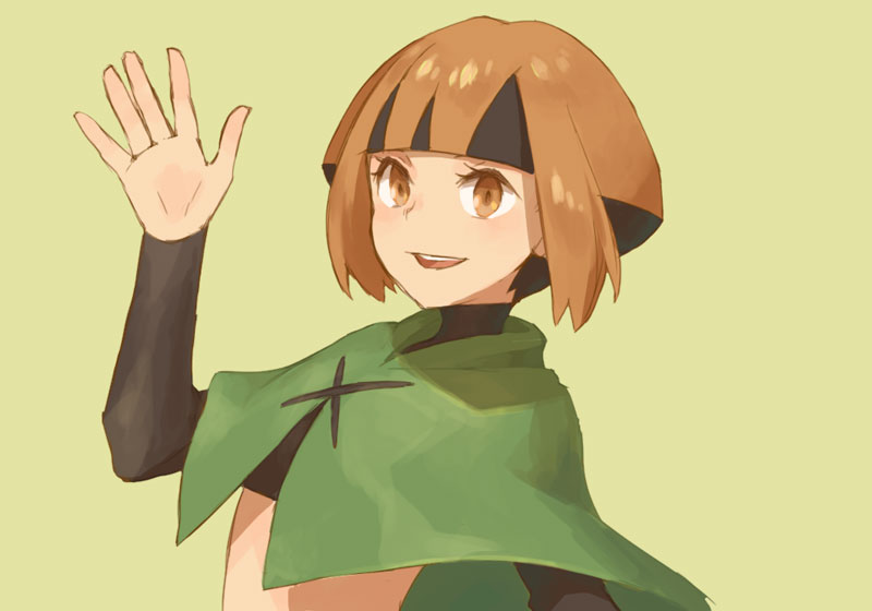 1girl ametani_kuko arm_up bangs black_hair blunt_bangs brown_eyes brown_hair capelet commentary_request eyelashes green_background green_capelet gym_leader midriff natane_(pokemon) open_mouth pokemon pokemon_(game) pokemon_dppt short_hair simple_background smile solo teeth tongue waving