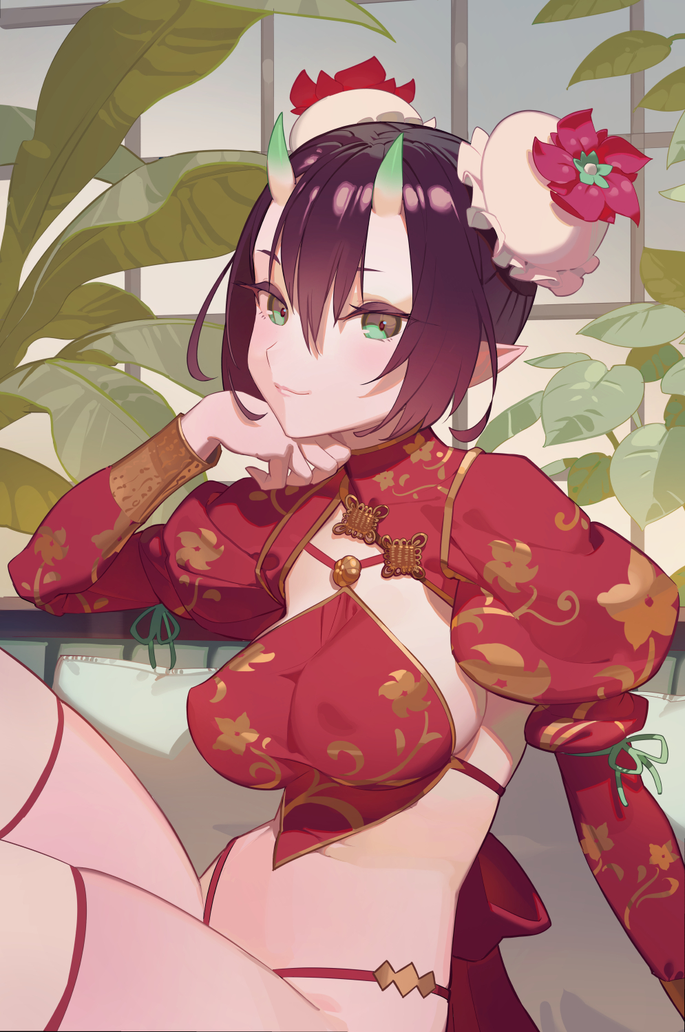 1girl arm_support bangs black_hair breasts bun_cover chin_rest chinese_clothes closed_mouth demon_girl double_bun floral_print flower green_eyes hair_between_eyes hair_bun hand_on_own_cheek hand_on_own_face hand_up highres horns juliet_sleeves leaf long_sleeves looking_at_viewer medium_breasts oni oni_horns original panties plant pointy_ears puffy_long_sleeves puffy_sleeves red_flower revealing_clothes short_hair shrug_(clothing) sidelocks sitting skin-covered_horns smile solo stomach succubus thighhighs tim_loechner underwear