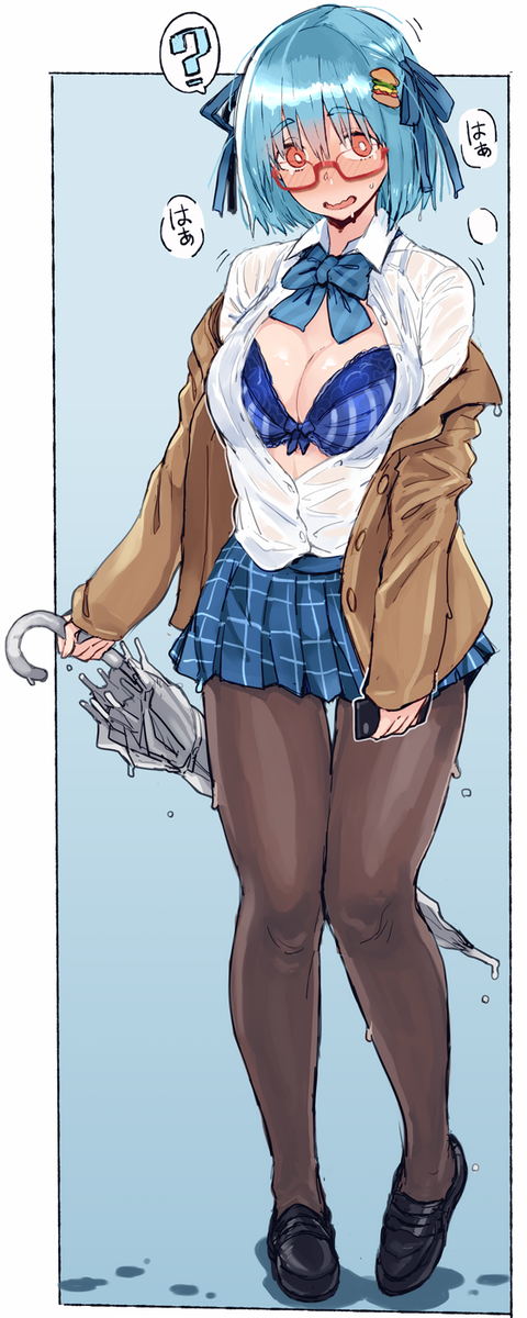 1girl blue_hair blue_neckwear blue_skirt brown_legwear embarrassed glasses hair_ribbon highres open open_clothes open_shirt original phone red_eyes ribbon school_uniform shoohee simple_background skirt thick_thighs thighs umbrella wet wet_clothes