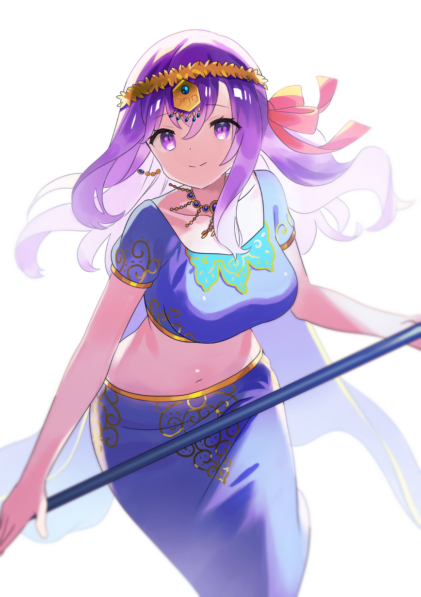 1girl bangs blue_shirt blue_skirt breasts circlet closed_mouth collarbone cropped_shirt earrings fate/grand_order fate_(series) hair_ribbon highres indian_clothes jewelry large_breasts long_hair long_skirt looking_at_viewer matou_sakura midriff navel necklace parvati_(fate/grand_order) ponytail purple_eyes purple_hair red_ribbon ribbon shirt short_sleeves skirt smile staff zenshin