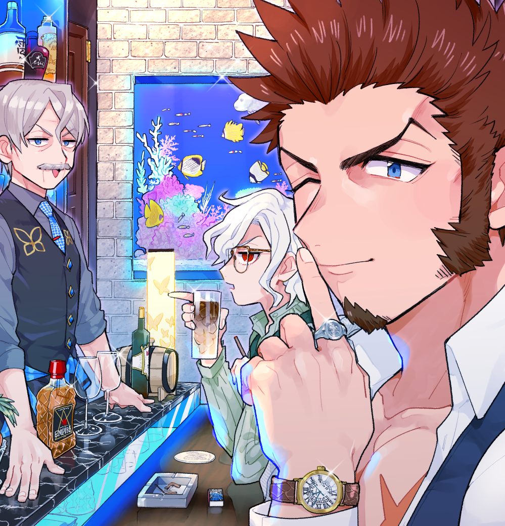 3boys beard blue_eyes chest cup drinking_glass edmond_dantes_(fate/grand_order) facial_hair fate/grand_order fate_(series) finger_to_mouth formal glasses gray_collar_(fate/grand_order) grey_hair james_moriarty_(fate/grand_order) jewelry long_hair long_sleeves looking_at_another male_focus multiple_boys muscle mustache napoleon_bonaparte_(fate/grand_order) open_mouth ring scar shitappa shushing sitting smile watch white_day