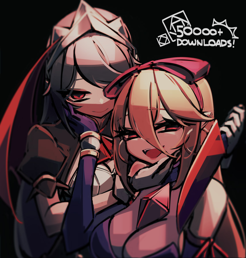 2girls allen_(makaroll) arm_ribbon ascot bangs bare_shoulders bat_wings behind_another black_background blonde_hair blurry bow_hairband bracelet breasts brown_hair cleavage cleavage_cutout closed_mouth commentary_request diamond-shaped_pupils diamond_(shape) dress elbow_gloves english_text eyebrows_behind_hair eyebrows_visible_through_hair fangs gloves hair_between_eyes hair_ornament hair_ribbon hairband half-closed_eyes hand_on_another's_cheek hand_on_another's_chin hand_on_another's_face hits holding holding_knife holding_weapon jewelry juliet_sleeves knife large_breasts long_hair long_sleeves looking_at_viewer lucia_(phantom_rose) medium_breasts multiple_girls no_pupils number open_mouth partial_commentary phantom_rose pink_hairband pink_ribbon pointy_ears puffy_sleeves purple_dress purple_gloves red_eyes red_neckwear red_ribbon red_sleeves red_wings reina_(phantom_rose) ribbon ruby_(gemstone) short_sleeves sleeveless sleeveless_dress smile swept_bangs symbol-shaped_pupils teeth upper_body vampire very_long_hair weapon white_gloves wings