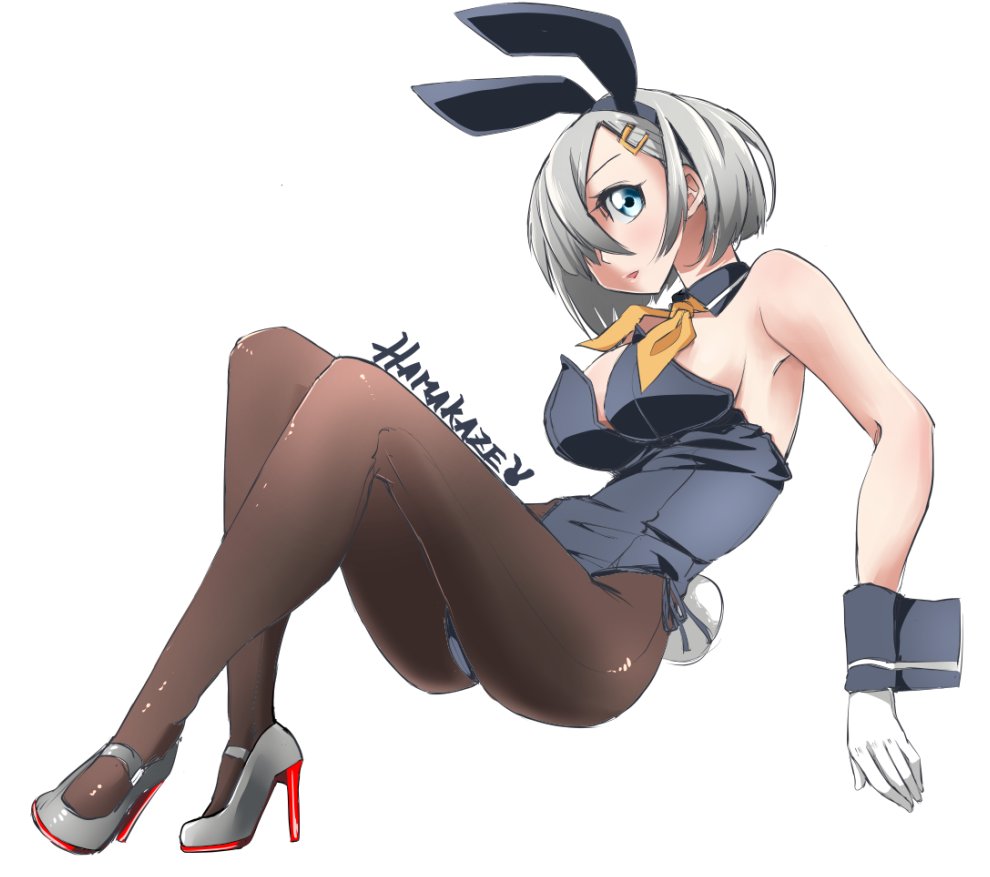 adapted_costume animal_ears black_legwear black_leotard blue_eyes breasts bunny_ears bunny_tail bunnysuit character_name detached_collar full_body gloves grey_footwear hair_over_one_eye hamakaze_(kantai_collection) high_heels kantai_collection large_breasts leotard lips neckerchief pantyhose short_hair silver_hair simple_background strapless strapless_leotard tail uzuki_kosuke white_background white_gloves wrist_cuffs yellow_neckwear