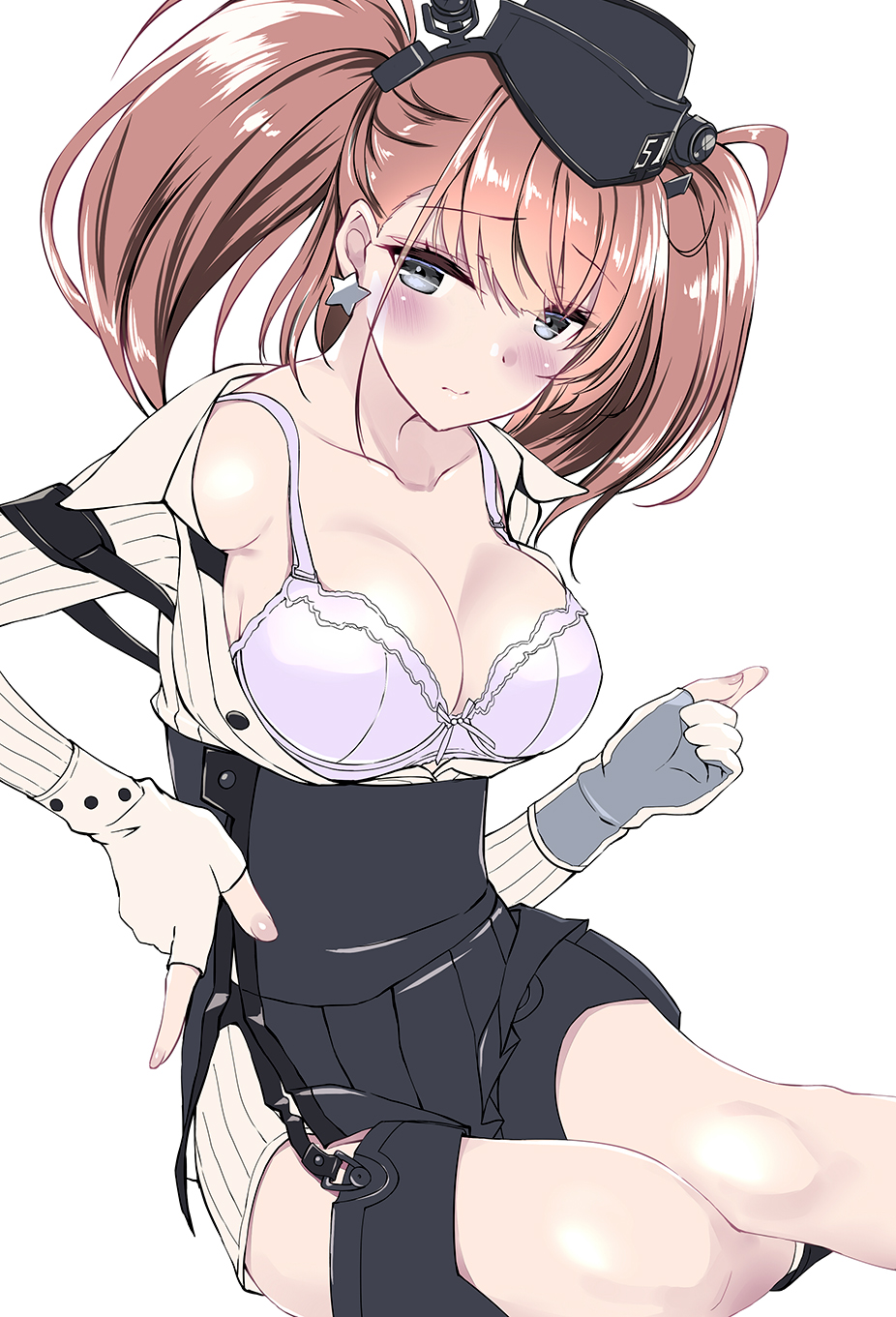1girl anchor_hair_ornament atlanta_(kantai_collection) black_headwear black_skirt blush bra breasts brown_hair commentary_request cowboy_shot dress_shirt earrings frilled_bra frills garrison_cap garter_straps gloves grey_eyes hair_ornament hat high-waist_skirt highres jewelry kantai_collection kobayashi_chisato large_breasts long_hair long_sleeves open_clothes partly_fingerless_gloves shirt simple_background sitting skirt solo star_(symbol) star_earrings suspender_skirt suspenders thigh_strap two_side_up underwear white_background white_bra white_gloves white_shirt work_in_progress yokozuwari