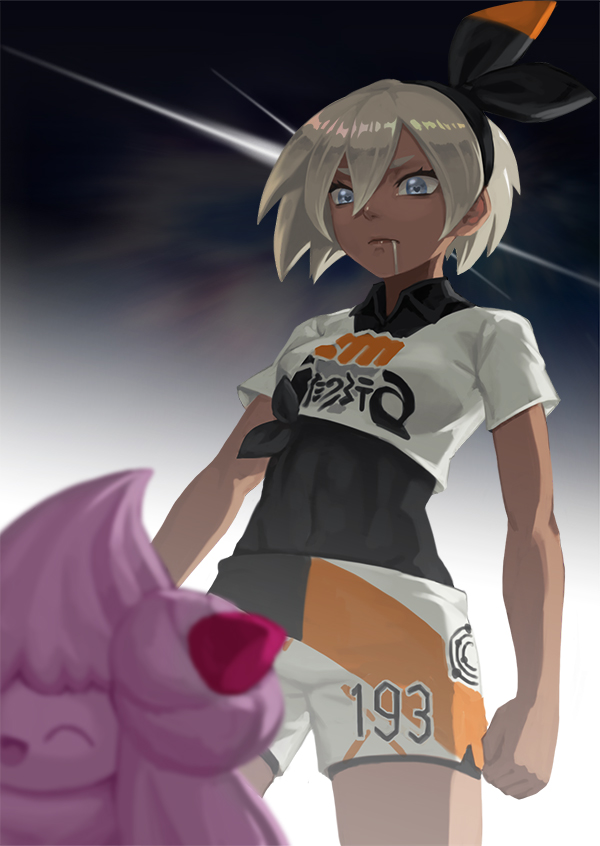 1girl alcremie black_bodysuit black_hairband bodysuit bodysuit_under_clothes breasts clenched_hand collared_shirt commentary covered_navel dark_skin drooling gen_8_pokemon grey_hair gym_leader hair_between_eyes hairband pokemon pokemon_(creature) pokemon_(game) pokemon_swsh print_shirt print_shorts saitou_(pokemon) saliva scotishfold shirt short_hair short_sleeves shorts silver_eyes tied_shirt