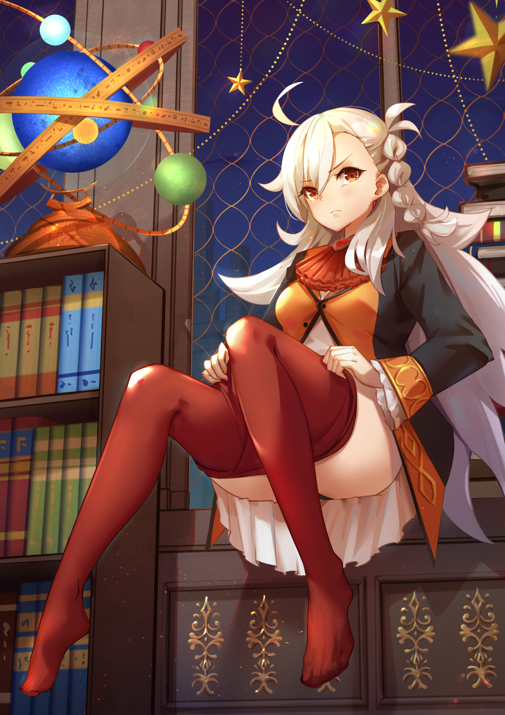 1girl ahoge ascot book braid breasts brown_eyes buttons closed_mouth commentary_request dress eyebrows_visible_through_hair faicha fate/grand_order fate_(series) frilled_sleeves frills frown globe hair_between_eyes highres indoors long_hair long_sleeves medium_breasts olga_marie_animusphere pantyhose pantyhose_pull planet planetarium red_legwear side_braid single_braid sitting solo star_(symbol) very_long_hair white_hair